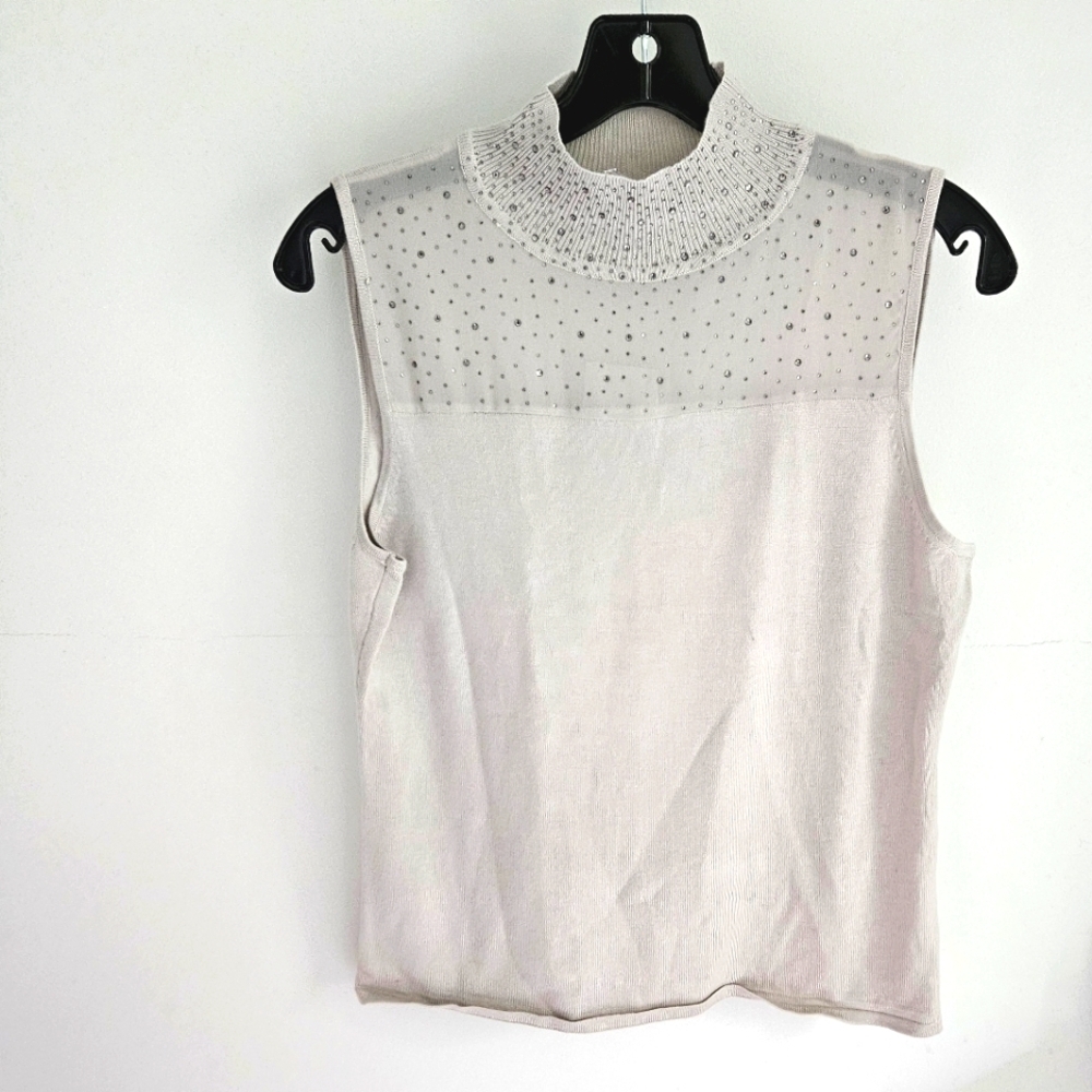 Carmen Marc Valvo gray beaded tank top semi sheer neckline NWT